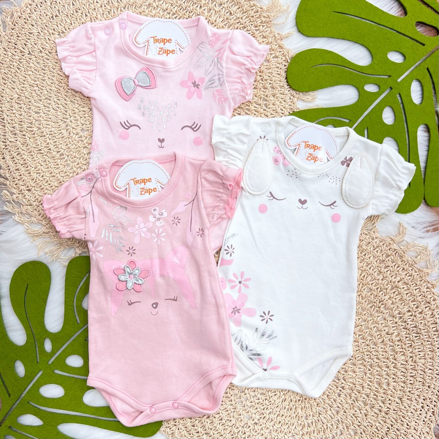 Kit 3 Peças - Bodys Manga Curta Cachorrinha com Flores - Rosa, Off White e Rose